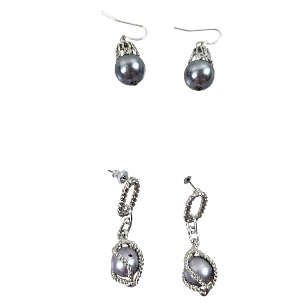 Silver and Faux Black Pearl Earrings 2 Sets